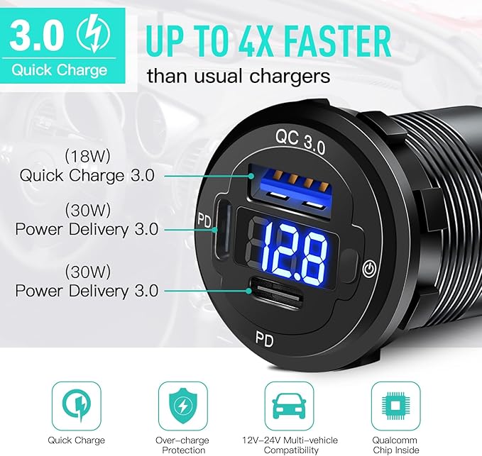 3 Port 12V USB Outlet Aluminum Car Charger, 78W Dual PD30W/QC3.0 Multiple USB Port with Voltmeter and Switch, USB C Cigarette Lighter Replacement 12 Volt Socket Waterproof for Marine Boat Truck RV