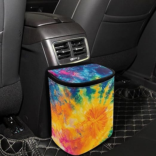 Colorful Tie Dye Print Car Accessories Back Seat Multipurpose Cars Trash Can with Lid, Leak Proof Waterproof Hanging Car Garbage Can for Road Trip Travel