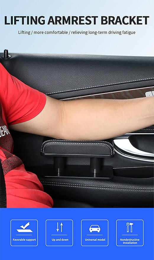 JEYODA Car Armrest Pad, Left Elbow Support, General Leather Booster Pad, Central Armrest Box, Adjustable Armrest (Black red line)
