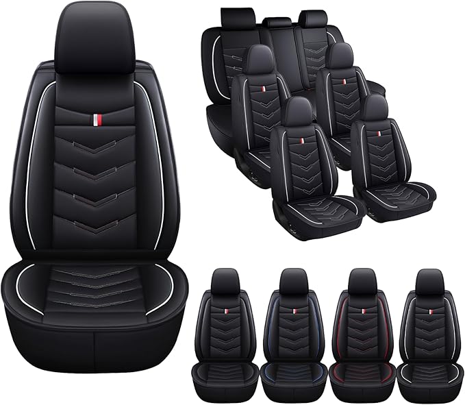 MVRVMV 3 Row 7 Seater Seat Covers for Hyundai Palisade 2020-2026, Airbag Compatible Front and Rear Split Bench Leather Auto Seat Protectors (7 Seat Standard, Black-White