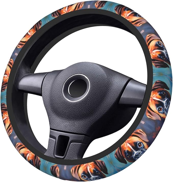 Animal Boxer Dog Portrait Neoprene Steering Wheel Covers Women Men Car Accessories, Universal 15 Inch Fit Auto, Suvs, Truck