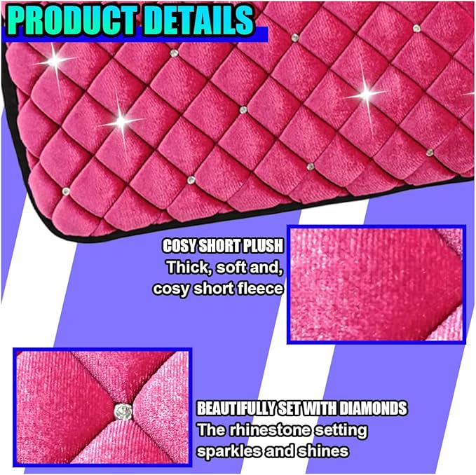 Bling Car Center Console Cover, Soft Comfortable Fluffy Car Armrest Cover, Crystal Rhinestone Seat Box Cushion Protector, Automotive Interior Decoration Accessories for Most Vehicles (Rose Red)