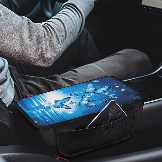Dreaweet Blue Butterfly Center Console Cover Cute Car Accessories for Women Girly,Car Console Covers with Pockets,Universal Armrest Cover Soft Comfy Arm Rest Pad for SUV Truck Van