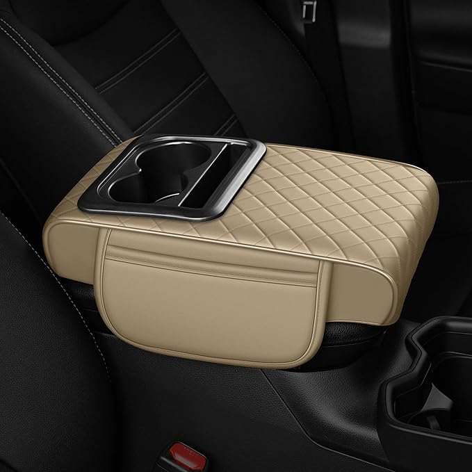 Car Center Console Cover Fit for Volkswagen Faux Leather Auto Armrest Box Cover with Cup Holder & Phone Holder Waterproof Leather Armrest Protector Cushion(Beige)