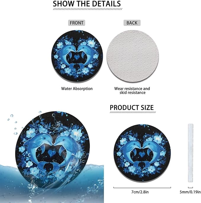 Neon Dolphin Car Steering Wheel Covers Set for Women Car Interior Accessories 6 Pcs Cute Blue Dolphin Handbrake Gear Cover Cup Coaster Armrest Cover Fit Vans Trucks,SUV