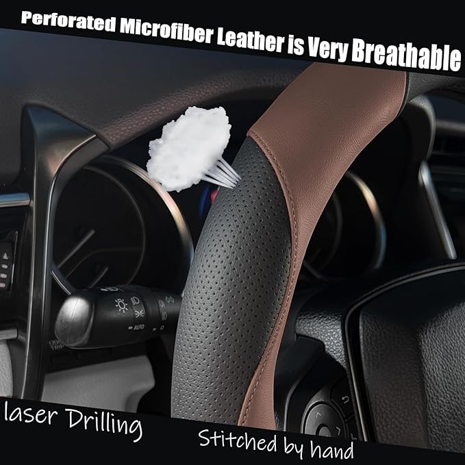 Mihecor Steering Wheel Cover Universal Standard Size 14.5-15 inch, Breathable Microfiber Leather, Anti-Slip, Soft Grip, Sporty Design, Fits for Cars SUVs Trucks, Black and Chocolate Brown