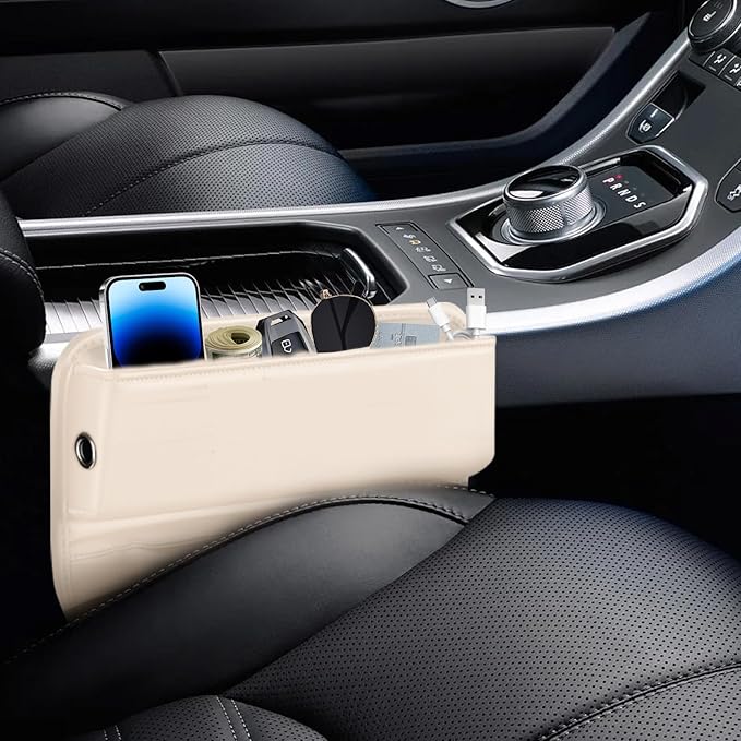 SUYUDSM Car Seat Gap Filler Organizer, Leather Car Seat Gap Filler Seat Storage Box Car Seat Gap Organizer for Phones Cash Keys (Beige 1 Pair)