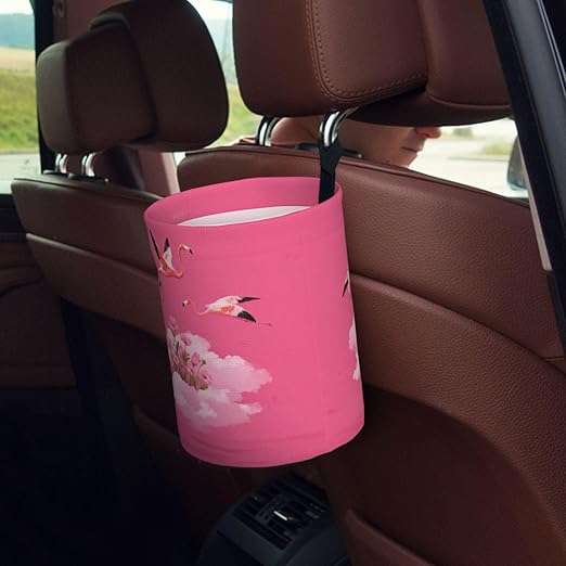 Aueimtia Pink Flamingo Car Trash Can – Collapsible & Waterproof Hanging Trash Bag, Pop-Up Garbage Bin for Cars, Trucks, Minivans, and Camping – Easy to Install & Clean