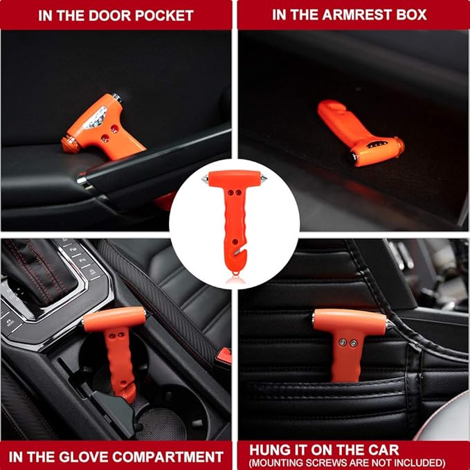 MOTORBUDDY 4-Pack Car Safety Hammer, Auto Emergency Escape Hammer with Window Breaker and Seat Belt Cutter, Striking Red Emergency Escape Tool for Car Accidents