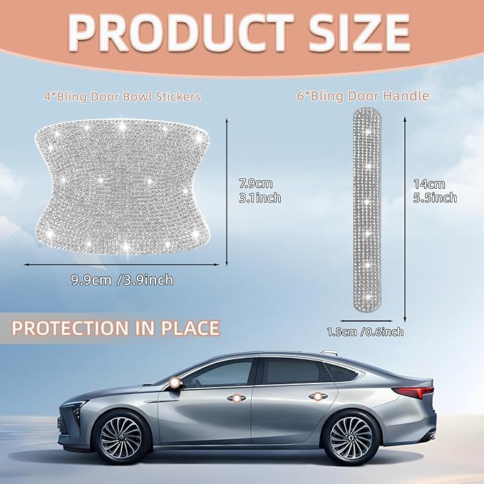 10 pcs Bling Diamond Car Door Handle Stickers, Bling Car Accessories for Women, Universal Rhinestone Crystal Glitter Door Handle Protector Stickers and Decals, Scratch Safety Reflective (Silver)