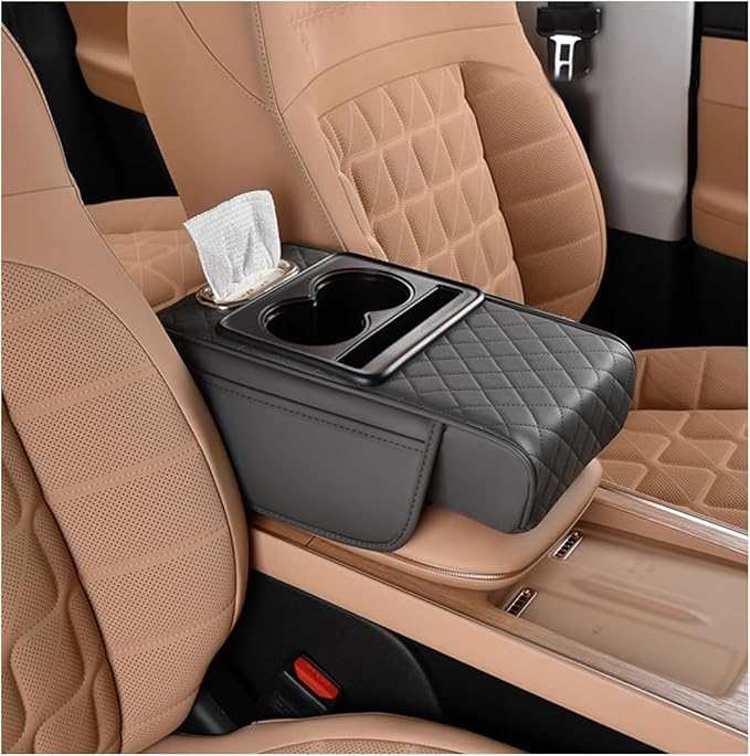 HZEL Car Center Console Cover, Leather Vehicle Armrest Cushion with Storage Bags, Cup Holder ＆ Tissue Box, Waterproof Auto Interior Arm Rest Seat Box Pad, Universal Fit (Gray)