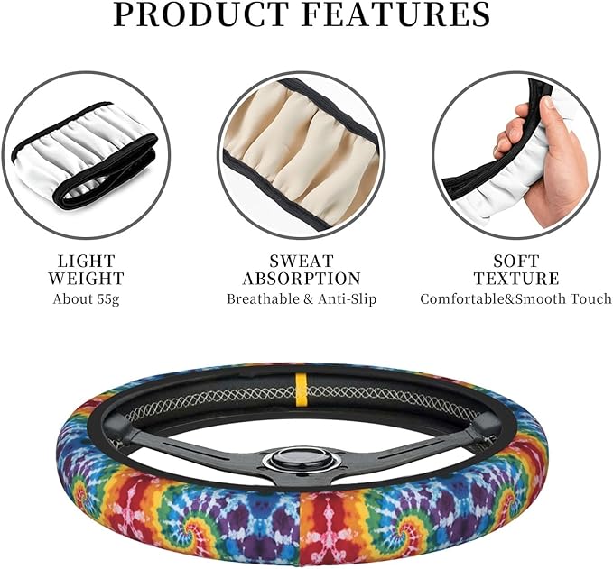 Tie Dye Print Car Steering Wheel Cover, 15 Inch Steering Wheel Cover Stylish Decor for Most Cars