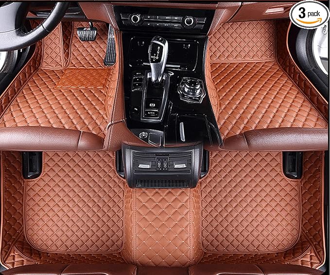 KaiLaiCarCustom Automotive Car Floor Mats for 99.99% Sedan SUV Sports Car Men Women Protection Full Coverage Pads Anti-Slip Leather Floor Lining… (Light Brown Mat Beige Line)