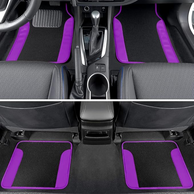 BDK Two-Tone Carpet Car Floor Mats with Faux Leather Accents, Automotive Floor Mat Set with Built-in Heel Pad, Stylish Interior Car Accessories (Purple)
