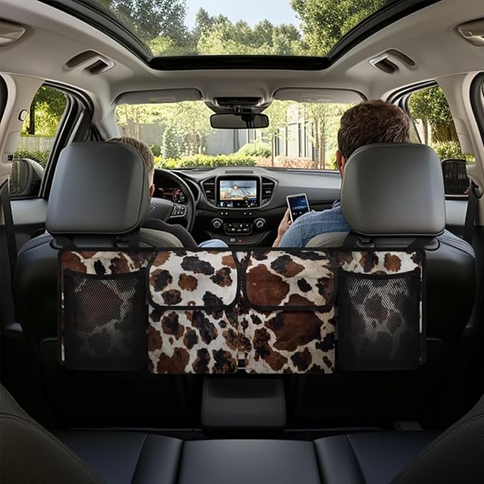 Brown Cow Print Car Trunk Organizer with 4 Pockets, Lightweight Car Storage Organizer Oxford Cloth (37.01"*11.8") Portable Car Storage Bag, Hanging Car Organizer for SUV/MPV/Truck/Van/Sedan