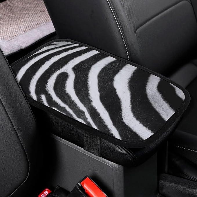 Black White Stripes Zebra Print Car Center Console Cushion Pad,Waterproof Armrest Seat Box Cover Protector,Comfortable Car Decor Accessories Fit for Most Cars, Vehicles, SUVs