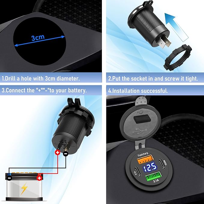 Qidoe 66W 12V USB Outlet, 4 Port Dual PD & Dual Quick Charge 3.0 Car Charger with Voltmeter for Car Boat Marine RV