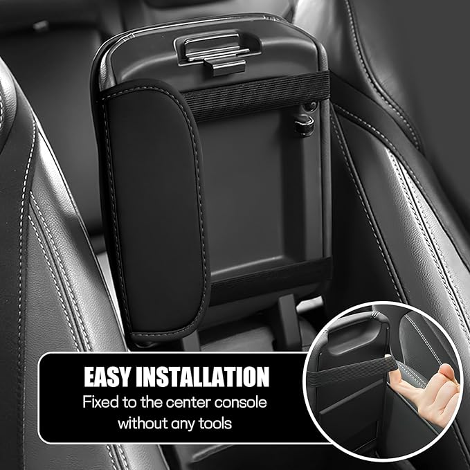 Car Center Console Cover, Leather Auto Armrest Cover Protector, Waterproof Armrest Center Console Pad with 2 Storage Bags, Universal Armrest Seat Box Pad for Vehicle SUV Truck (Black)