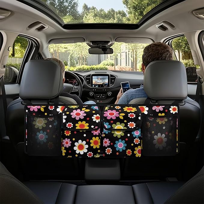 Abstrct Hippie Flower Car Trunk Organizer and Storage Backseat Hanging Organizer for SUV, Truck, MPV, Van Waterproof Car Storage Trunk Organizer Car Interior Accessories
