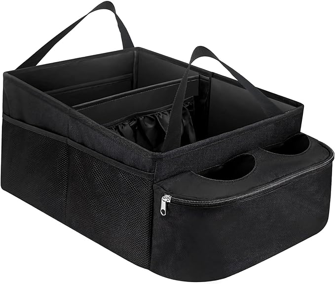 Car Passenger Seat Organizer, Collapsible Oxford Fabric Car Organizer with Partitions & 2 Cup Holders, Multi-Purpose Large Capacity Storage Box for Front & Back Seats