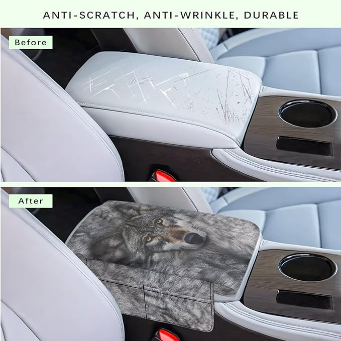 Dreaweet Car Center Console Cover with Pockets Grey Wolf Car Accessories for Women Men Thick Arm Rest Cover for Car SUV Truck Non Slip Comfortable Car Armrest Cushion Cover Pad