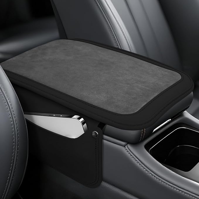 SINGARO Car Leather Furry Center Console Cover with 2 Storage Bags, Universal Fluffy Car Armrest Seat Box Pad, Comfortable Car Interior Accessories, Fits for Most Vehicles (Black)