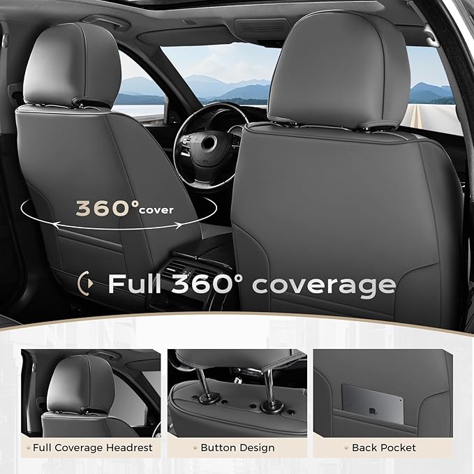 Coverado Car Seat Covers Full Set, Seat Covers for Cars, Front Seat Covers and Back Seat Cover Waterproof Leather Automotive Seat Cover, Universal Car Interior Protectors Cushion for Most Cars