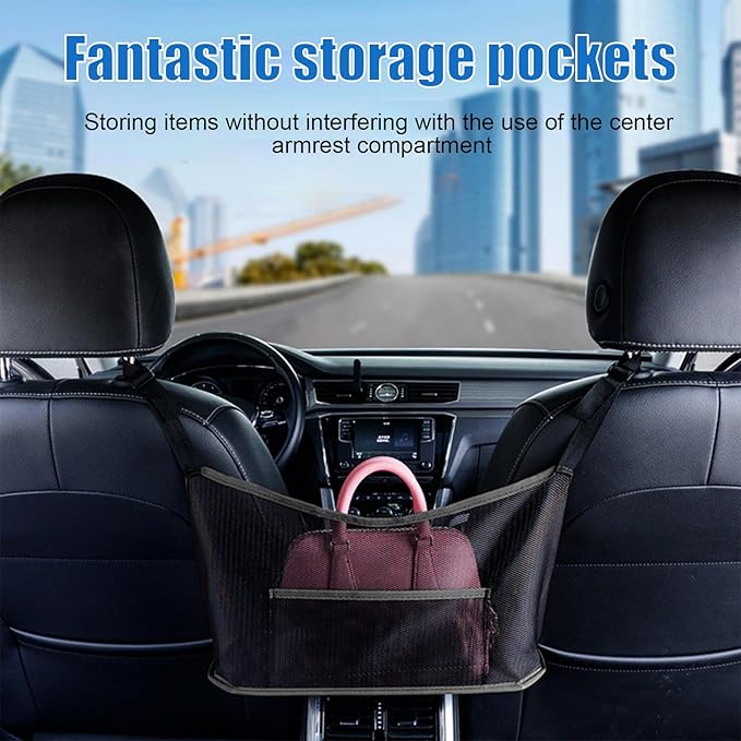 Ziciner Car Net Pocket Handbag Holder, Organizer Mesh Bag Between Two Seat, Driver Storage Netting Pouch for Handbag Purse, Barrier of Backseat Pet Kids, Car Accessories for Women Men (Black)