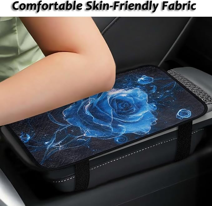 Bulopur Blue Rose Auto Armrest Console Cover Flannel Arm Rest Cover Car Flannel Warmth Car Console Covers Protect from Pet Claws for Most Vehicle, SUV, Truck, Car