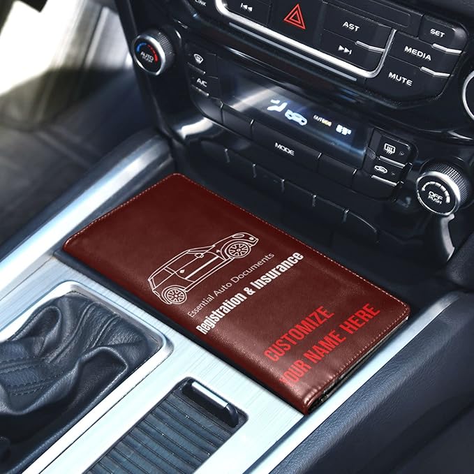Caihoyu Custom Car Registration and Insurance Card Holder Personalized Leather Glove Box Organize Men Women Wallet Accessories Case for Cards, Essential Document Driver License Burgundy