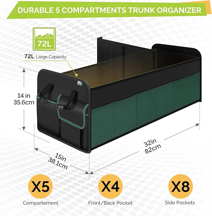 MIU COLOR Large Trunk Organizer for SUV with 5 Compartments, Collapsible Car Organizer with Strong Handle and Non-Slip Bottom, Storage Organizer for Sedans, Van, Jeep, Grocery, Black Mixed Green