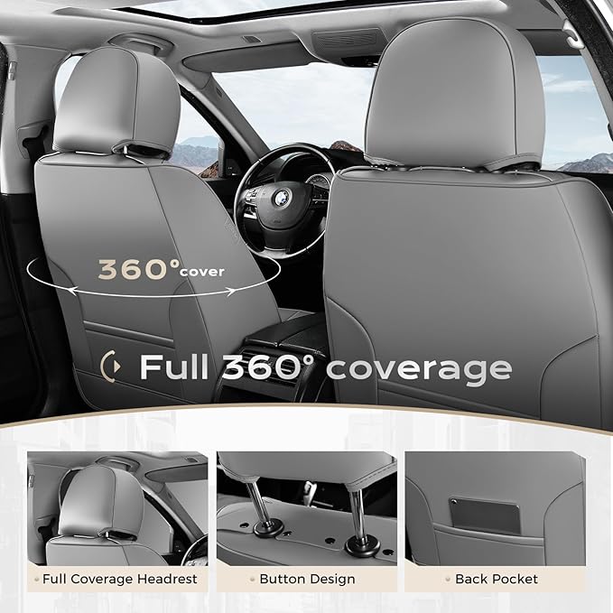 Coverado Car Seat Cover, Cover for Cars Full Seat, Premium Leather, Universal Fit Waterproof Seat Protectors, Car Seat Cushion Non-Slip for Most Cars-Gray