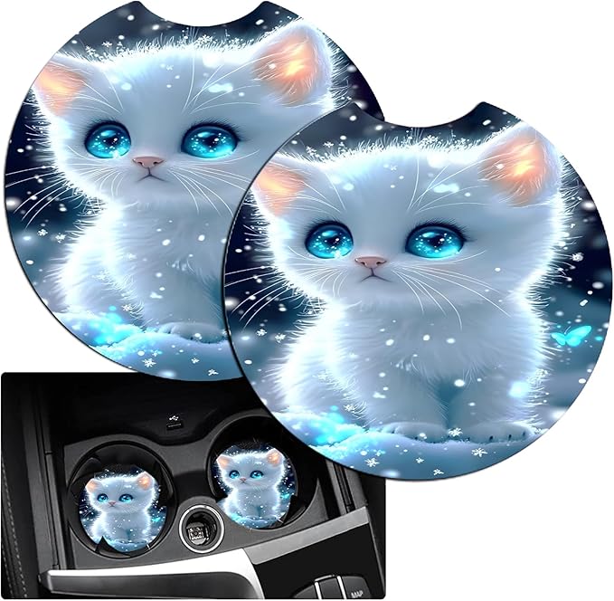 JANENFNA Car Armrest Cover Pads Universal Fashion Cute Auto Center Console Armrest Cover Pad with 2PCS Car Coasters Soft Waterproof Car Armrest Seat Protector for Women,Snow White Kitten