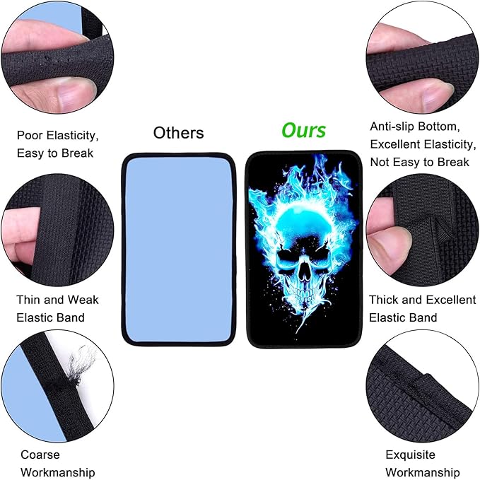 JANENFNA Car Armrest Cover Pads Universal Fashion Cute Auto Center Console Armrest Cover Pad with 2PCS Car Coasters Soft Waterproof Car Armrest Seat Protector for Women,Blue Flame Skull