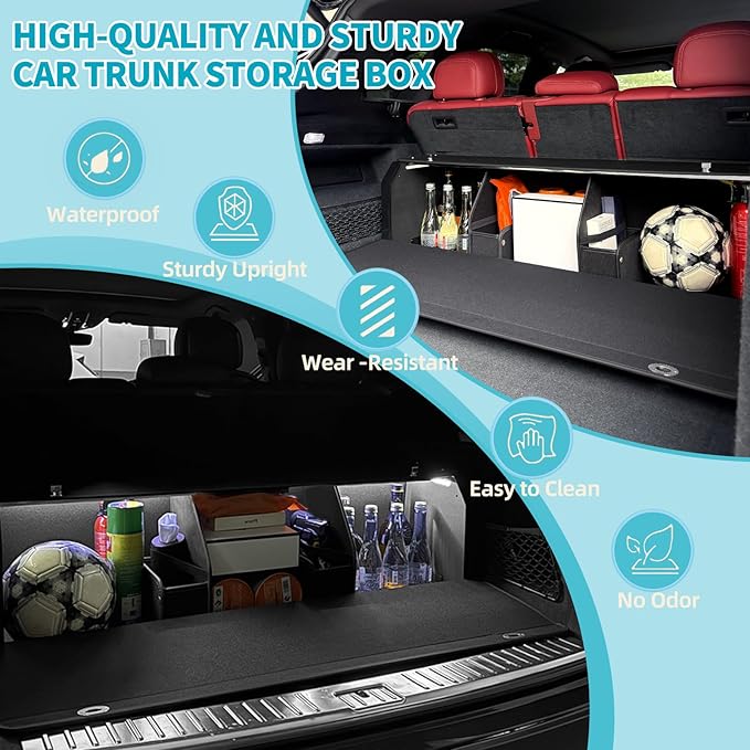XCF Car Trunk Organizer, Leather Trunk Organizer with LED Light Car Storage Box with Lid and Push-pull Handle Organizer Trunk Storage for SUV, Trunk, Minivan (Black, 40.5 x 11.4 x 12.2in)