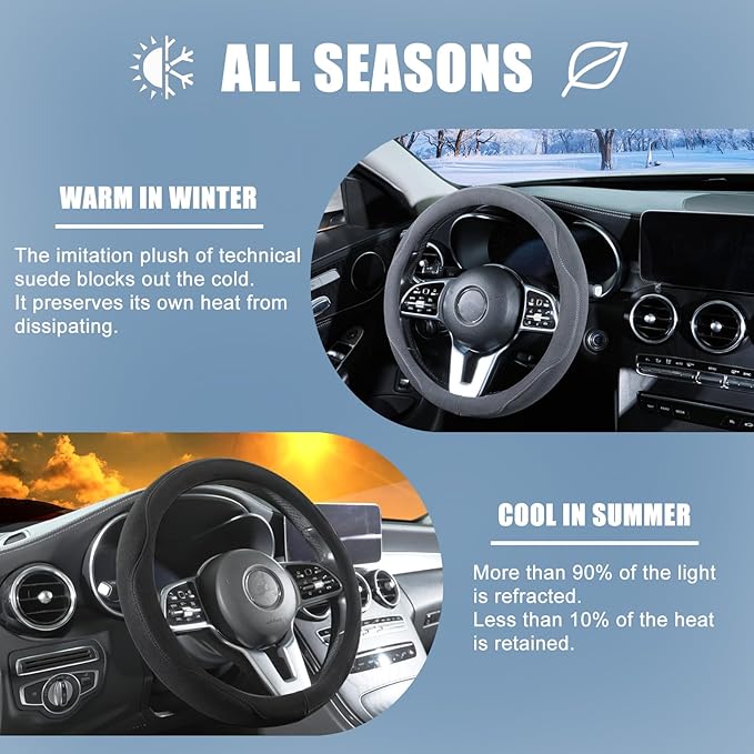 14 inch Black Suede Steering Wheel Cover, Breathable Non-Slip Sweat-Proof Wear-Resistant No Pilling, Warm in Winter and Cool in Summer