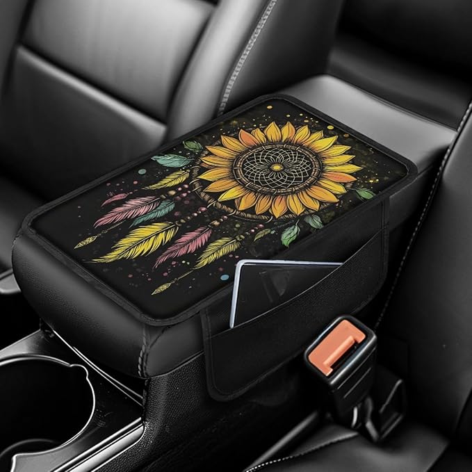 CLOHOMIN Sunflower Auto Center Console Armrest Cover Dream Catcher Car Arm Rest Cushion Accessories Interior Decor Fit SUV Truck Sedan Car Armrest Cover Cushion with Pockets