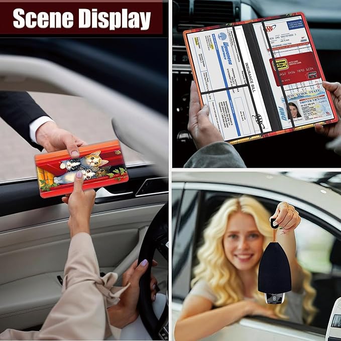 Yuxcfhjfe Car Document Holder with Magnetic Shut, Car Registration and Insurance Card Holder, Vehicle Glove Box Organizer Documents, Driver License, Auto Paperwork Organizer Wallet, Cute Cat Pattern