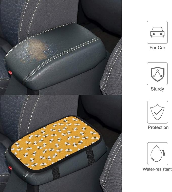 Bee with Honey Car Center Console Cushion Pad,Waterproof Armrest Seat Box Cover Protector,Comfortable Car Decor Accessories Fit for Most Cars, Vehicles, SUVs
