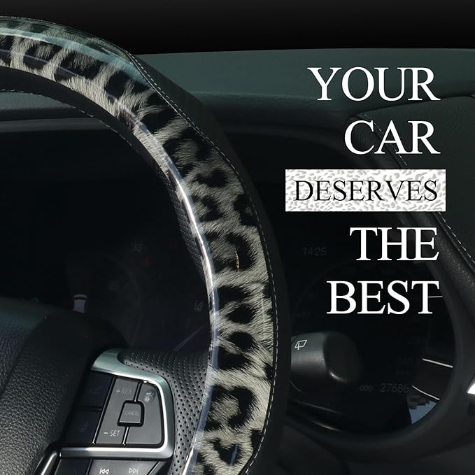 KAFEEK Leopard Print Steering Wheel Cover 15 inch, Microfiber Leather Cheetah Pattern for Women Girls, Non-Slip Rubber Inner, All-Season Comfort, Black