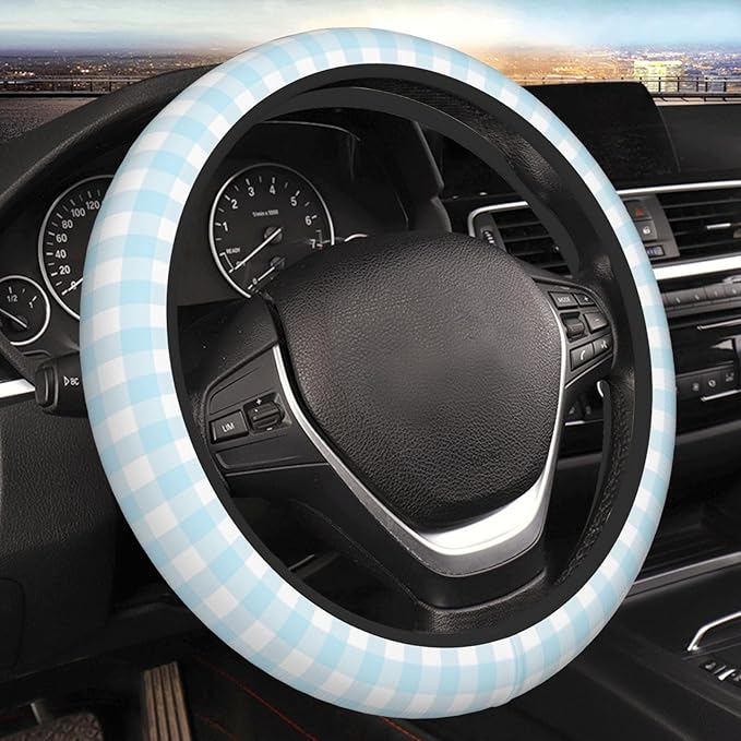 Thickened Elastic Steering Wheel Cover, Baby Boy Pastel Blue Gingham Plaid Ultra, Soft, Breathable, Fit for Cars, SUVs, Trucks, Stylish Comfortable Grip
