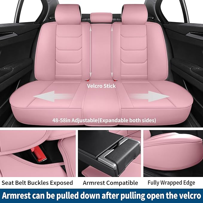 SCOMEE Pink Leather Car Seat Covers Full Set Breathable Seat Protectors Waterproof Automotive Seat Covers Universal Fit for Most Cars SUVs Trucks Vehicles