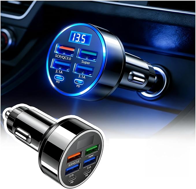 6 Ports Fast Car Charger + Car Push Start Button Cover,Car Cigarette Lighter USB Charger (PD+QC3.0) Compatible with iphone13/14/15 & Most Android Models,Car Must Haves USB C Car Charger