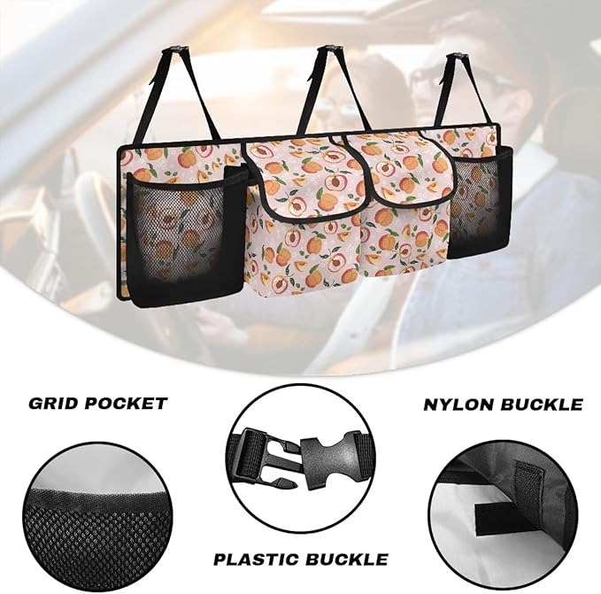 Hanging Trunk Organizer for SUV, Peach Fruits Car Organizer, Waterproof Back Seat Organizer for SUV, Car Organizers and Storage with Adjustable Straps, Car Storage Organizer