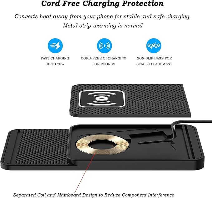 Cord‑Free Charging Pad, 20W Car Charger Pad for Phones, Dashboard & Desk Charging, Phone Charger for Vehicles & Office Use,A USB 30cm
