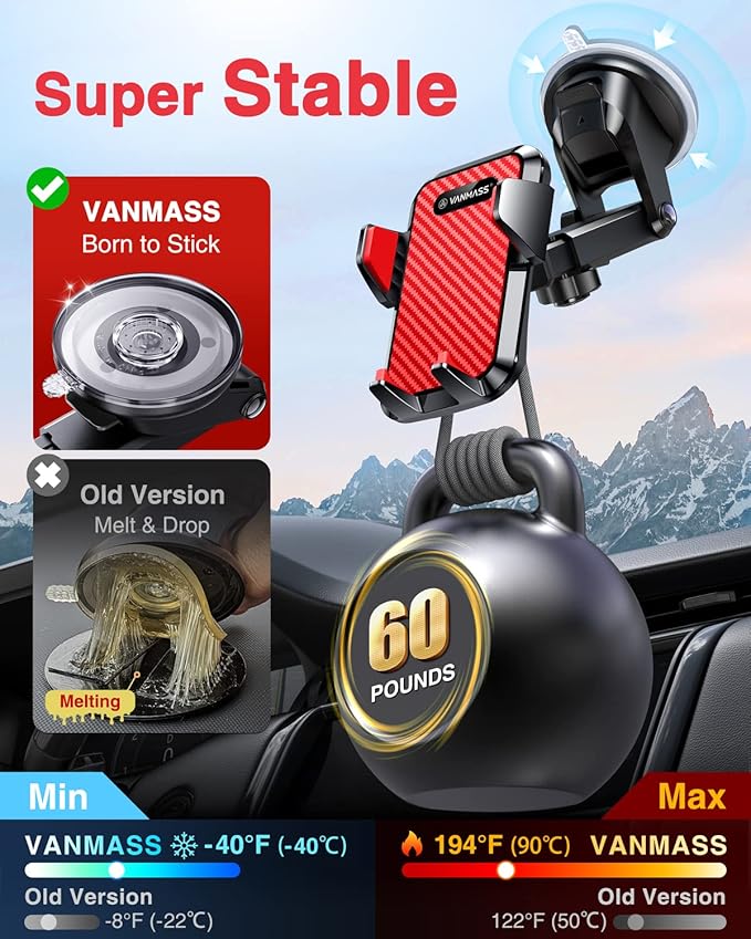 VANMASS 【2026 Strongest & Military-Grade Car Phone Mount 【Patent & Safety】 Ultimate Cell Phone Holder Best Handsfree Dash Windshield Vent for iPhone 17 Pro Max 16 15 Android & Truck Desk Mounts, Red