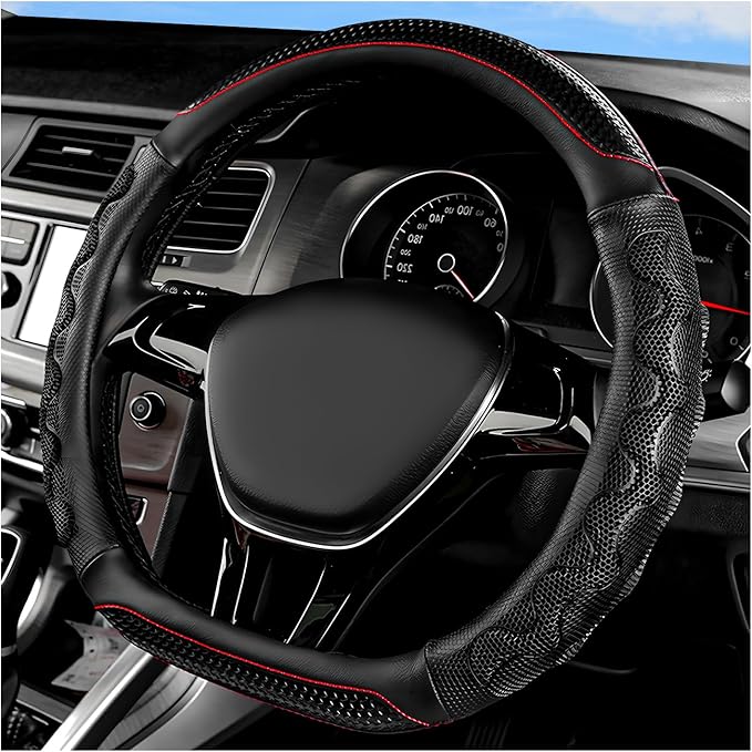 Car Steering Wheel Cover, 15 Inches Leather Comfy Grip Steering Wheel Protector with 3D Honeycomb, Anti-Slip D-Shaped Wheel Wrap Cover for Most Vehicles, Car Accessories (Black)