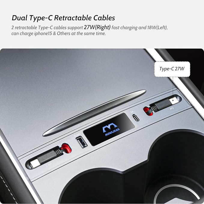 2 USB C Charging Hub for Tesla (White), Retractable 27W Fast Charger for iPhone 15 is Necessary Tesla Tesla Model 3/Y Accessories (2024-2021) but not Highland or Juniper Compatible