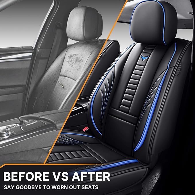 Pengchen Auto Front Seat Covers Fit for Nissan Versa 2009-2025, 3D Front Split Bench Protection Compatible with Side Airbag Black & Blue Line