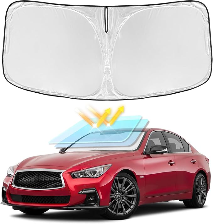 for Infiniti Q50 2014-2024 2025 Windshield Sun Shade - 4 Layers Car Sunshades Front Windows Shade Cover Custom Fit for Q50 Sun Visor 240T Retractable Shade Blocks UV Rays Car Accessories